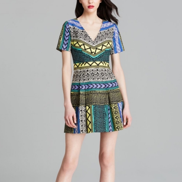 Anthropologie Geometric Patterned Short Sleeve Fit And Flare Mini Dress Artsy - Picture 1 of 11